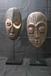 Includes 2 Vintage Hand Carved Wood Traditional African Tribal Mask With Stand