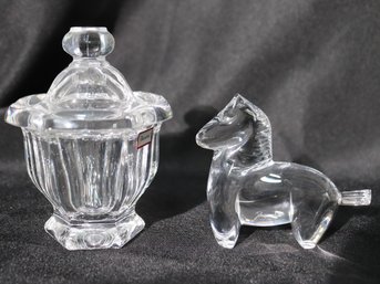 Two Baccarat French Crystal Items- Horse Figurine And Sugar Dish.