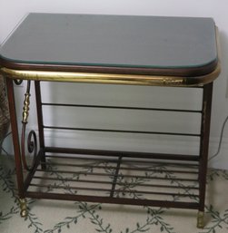 Vintage Wrought Iron End Table/Nightstand With A Wood Top, Protective Glass Top And Brass Accents