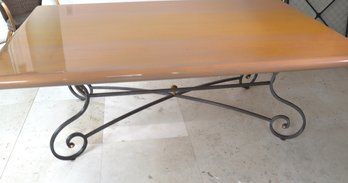 Pickled Wood Dining Table With Country French Curvy Steel Base With  Brass Accents.