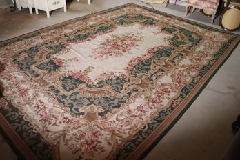 Authentic Needlepoint Rug / Carpet With Center Medallion And Romantic Pink Rose Border.