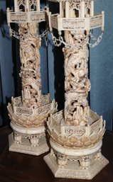 Pair Of Carved Bone Pagodas With Entwined Dragons, Faces & Lotus Leaf Bases
