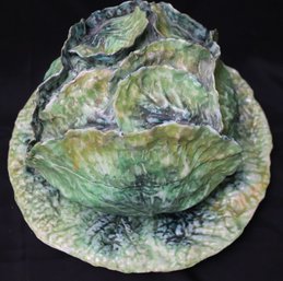 Large Italian Made Cabbage Centerpiece Tureen, Includes A Large Serving Dish