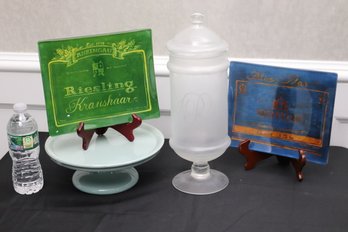 Decorative Shiraz And Riesling Wine Plates, Le Prairie Pedestal Cake Plate And Large Frosted Glass Bottle