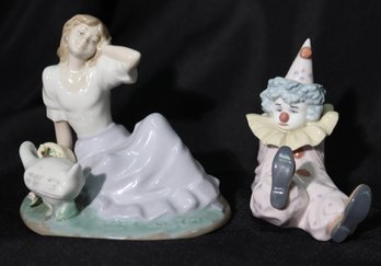 Lladro Clown And Nadal Flower Girl Glazed Figurines.