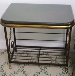 Vintage Wrought Iron End Table/Nightstand With A Wood Top, Protective Glass Top And Brass Accents