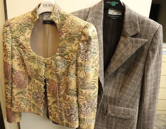 Two Vintage Valentino Ladies Blazers, One Is Silk Brocade, The Other Is Plaid Wool.