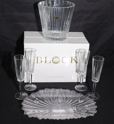 Block Handmade Crystal Ice Bucket, 4 NEW Champagne Flutes In Box,  And Glass Tray.