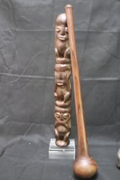 African Carved Wood Totem On A Lucite Base Includes A Polished Carved Wood Scepter