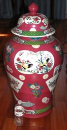 Oversized Magenta Colored Chinese Porcelain Urn With Lid & Hand Painted Panels Of Flowers & Birds