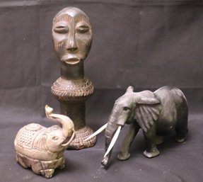 Carved African Figure And Elephant And Engraved Metal Elephant