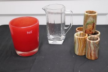 Polished Carved Stone Alabaster Glasses, Villeroy And Boch Pitcher And Stylish Red Vase