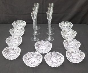 Set Of 11 Vintage Pressed Glass Bowls With A Central Star Motif, And 6  Tall Liquor Glasses.