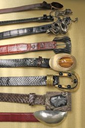 Lot Of 8 Vintage Ladies Leather Designer Belts With Buckles By Dior, Kieselstein Cord Sterling Snake And Other