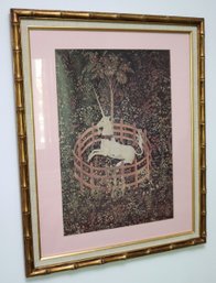 Vintage Framed Print Of A Unicorn In Stable Approx 26 X 32 Inches In A Gilded Bamboo Style Wood Frame
