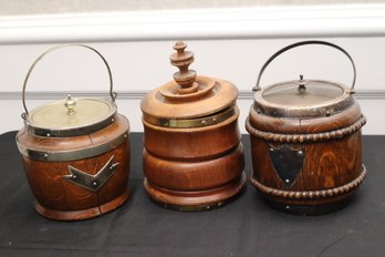 Collection Of Antique English Wood Barrel Biscuit Jars, Great For Home Dcor!