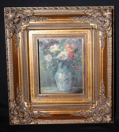 Floral Still Life Painting On Canvas In Spectacular Gold Frame, Signed By The Artist.