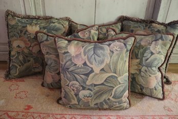 Set Of 6 Floral Tapestry Style Pillows With Piping And Fringes