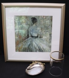 Framed Print Of A Woman, Including Hammered Dish And Glass Canister Casing