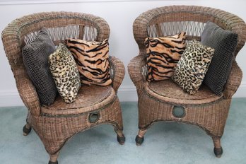 Pair Of Cute Diminutive/child Size Woven Wicker Chairs With Cute Little Accent Pillows