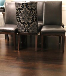 6 Modern Custom Leather Dining Chairs W Custom Damask Style Accent On The Back Of Chairs- Dark Slate Gray/blac