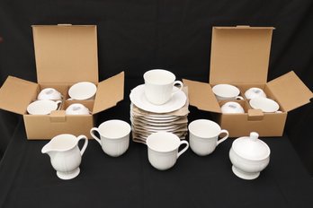 A Set Of 12 NEW Mikasa Antique White Cups Saucers And Sugar/  Creamer.