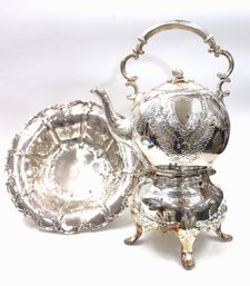 Two Lovely Pieces Of Decorative Etched Silver Plate With Teapot On Stand & Gracious Antique Bowl