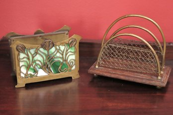 Vintage Art Nouveau Letter Holders Include One Piece With Stained Slag Glass & Wire Brass Piece By S. Ha