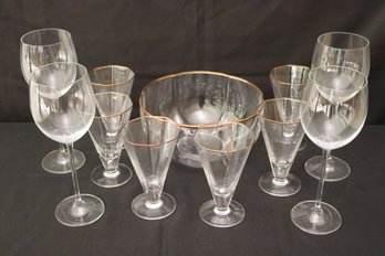 Glass Bowl With Delicate Gold Rim With 6 Octagonal Glasses And 4 Wine  Glasses.