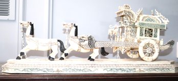 Vintage Carved Bone Statue Of Horse Drawn Imperial Chinese Carriage With Painted Details & Passenger