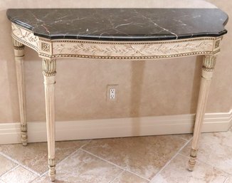 Stunning Carved Wood Louis The XVI Style Demi Lune Console With A Gorgeous Veined Marble Top