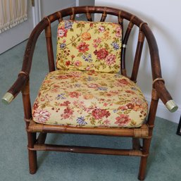 Vintage Bamboo/Rattan Asian Style Wood Chair With Metal Accents Includes Cushion And Pillows