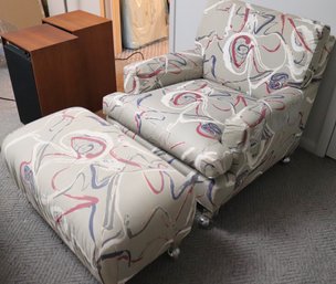 Custom Made 1970s Era Upholstered Armchair And Ottoman On Casters.