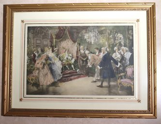 Large Framed Romantic Victorian Print In A Gorgeous Gilded Wood Frame With Fleur De Lis Pin Accents 42x32 Inch