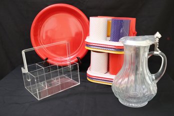 Outdoor Entertaining With NEW Colorful Plastic Plates W/ Cups, Glass  Pitcher And Lucite Holder.