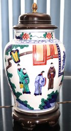 Porcelain Urn On Wooden Base With Chinese Hand Painted Scenes & Wooden Lid