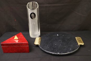 An Assortment Of Vintage Decorative Items-1990s Vase, Mikasa Box, Marble Tray.