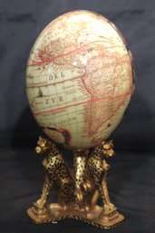 Lacquered Ostrich Egg Art-Map Of The Old World On A Hand Painted Base Of Wild Cheetahs! Initialed By Artist