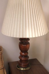 Polished Turned Wood Column Table Lamp With A Pleated Shade