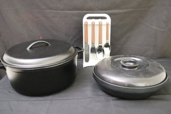 An Arabia Finland Covered Cooking Pot, Another Large Pot And Vintage  Acrylic Cutlery