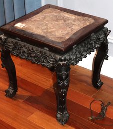 Asian Carved Wood Side Table With Marble Top