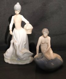 Royal Copenhagen Denmark 5689 Nudist Figurine, Includes A Vintage Porcelain Figurine-Lady Feeding A Goose