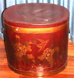 Hand Painted Wooden Basket With Lid & Metal Adornment Featuring Birds & Flowers