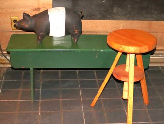 Rustic Wooden Green Bench, Wooden Pig & Stool