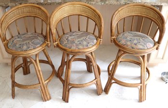 Three Vintage Bamboo Counter Stools With Curved Seat Backs.