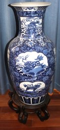 Antique  Oversized Chinese Blue & White Porcelain Urn With Hand Painted Scenes Of The 4 Seasons