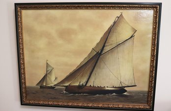 Framed Nautical Sailboat Print Cicely 1908 With A Crackle Finish Measures Approximately 34 W X 26 Tall
