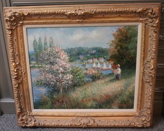 Impressionist Style O/ C Landscape, Painting With Elaborate Gold Frame Signed Sal Roman.