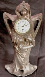 Vintage Art Nouveau Angelic Metal Clock With Bronze Toned Finish