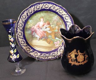 Includes Imperial Limoge Porcelain Plate, Le Trefle Limoge Vase And Hand Painted Blue Floral Bud Vase